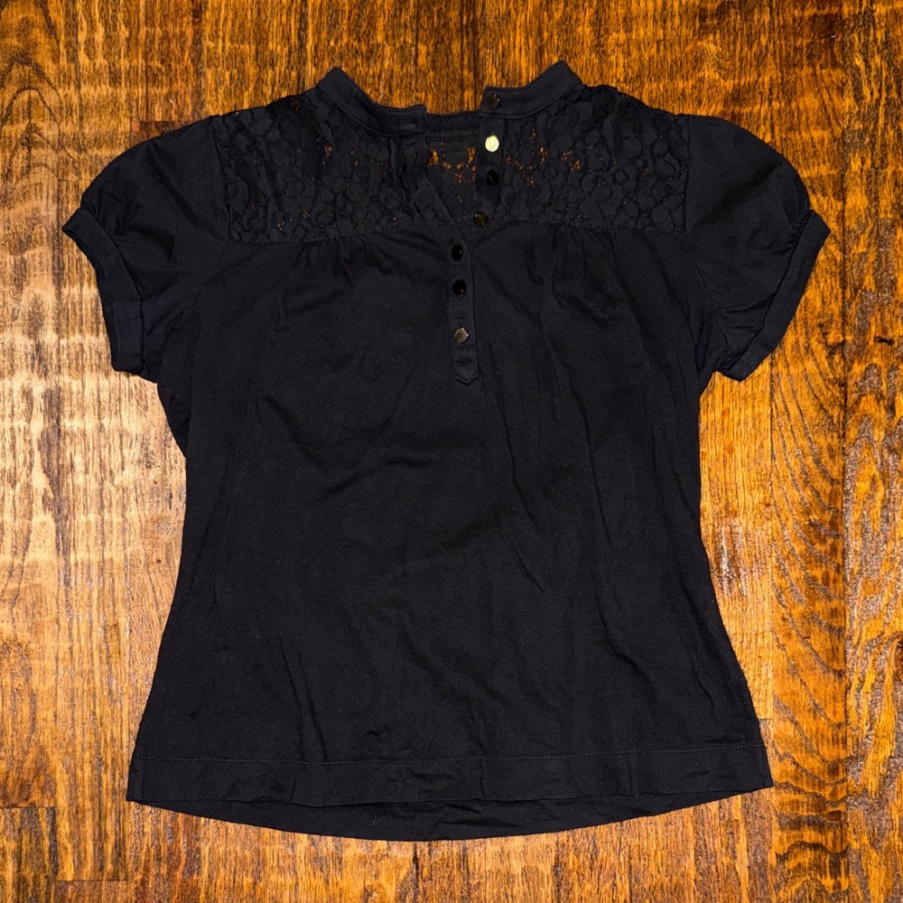 Black Lace Yoke Button Front Short Sleeve Blouse Top Women’s